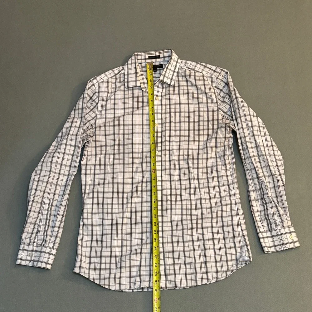 Banana Republic Mens Grant Fit Non-Iron Dress Shirt White Plaid Large 16-16.5